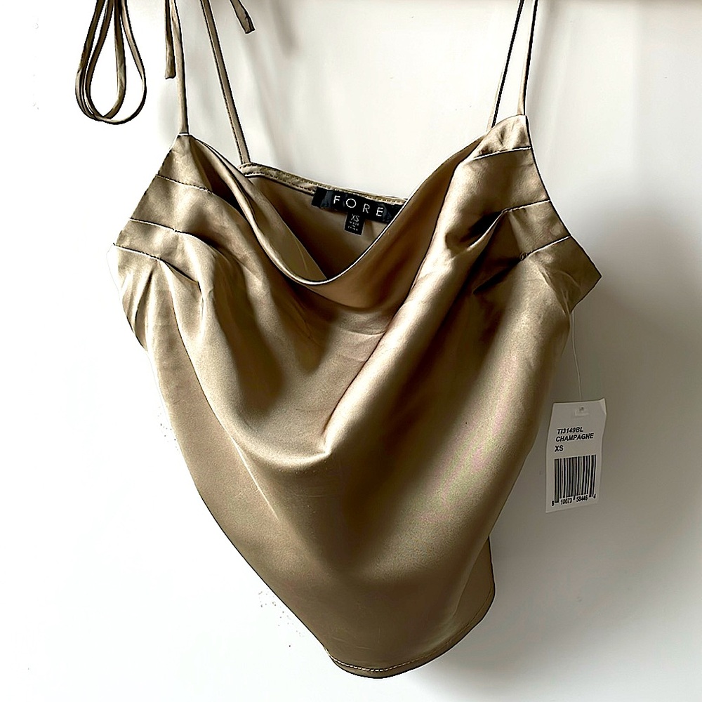 NWT FORE gold satin cropped camisole strappy top antique champagne silk (y) XS